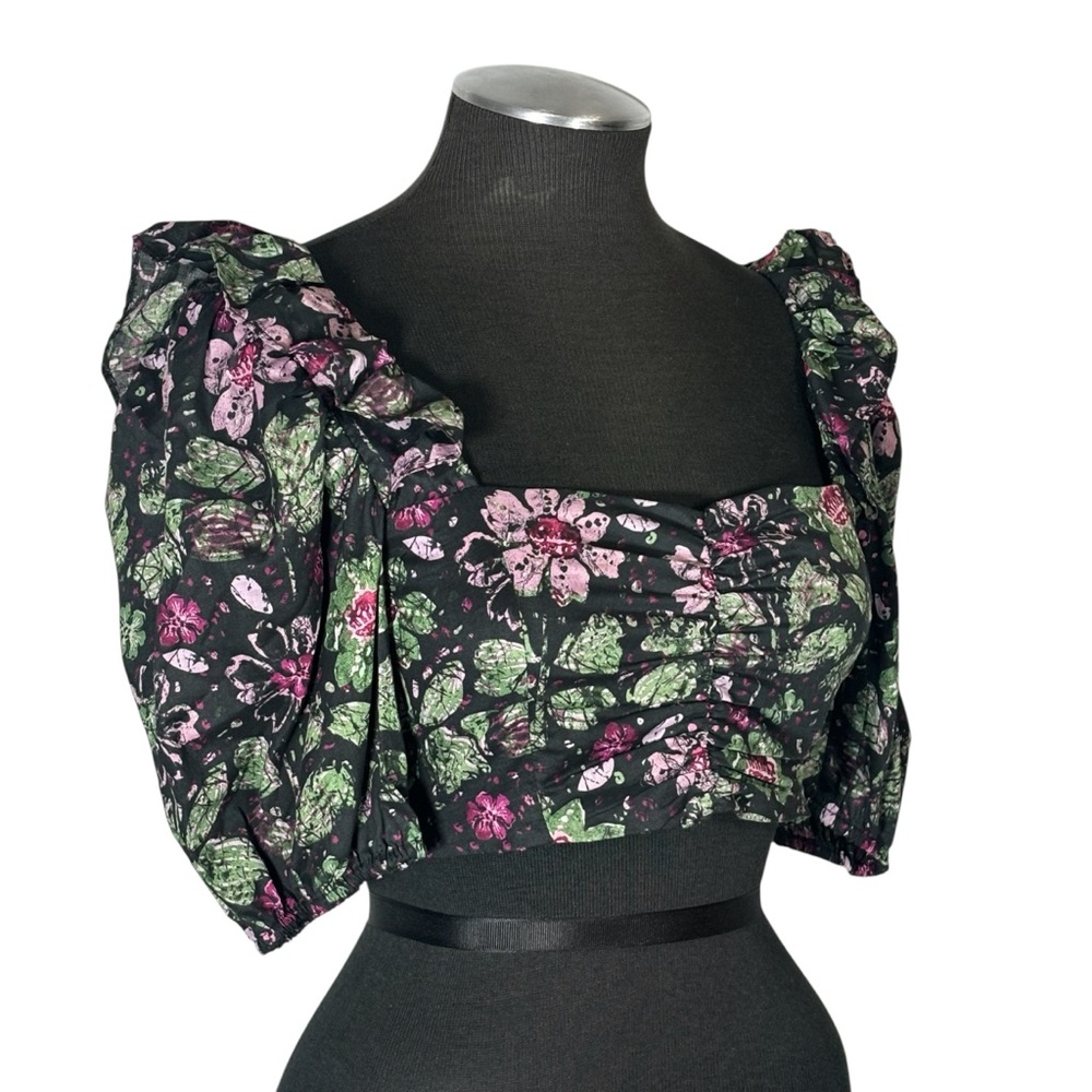 Zara – Floral Puff Sleeve Square Neck Cotton Blend Crop Top - Extra Small XS - Picture 4 of 9